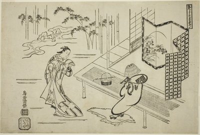 Los actores Nakamura Takesaburo I como Kewaizaka no Shosho e Ichikawa Danjuro II como Soga no Goro vestidos de komuso en la obra "Bando Ichi Kotobuki Soga", representada en el Teatro Nakamura en el primer mes de Torii Kiyomasu I