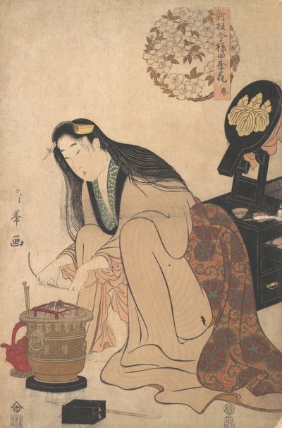 Dama arreglando el soporte de Binsashi para el cabello sobre las sienes para poner en su cabello, ca. 1808 de Torii Kiyomine