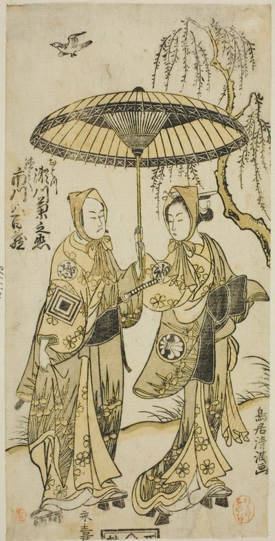 Los actores Segawa Kikunojo II como Ohatsu e Ichikawa Yaozo II como su amante Tokubei en la obra "Yoni Osaka Nitsui no Meoto", representada en el Teatro Ichimura en el segundo mes de 1767. de Torii Kiyomitsu I
