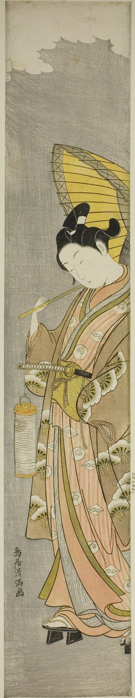 Joven con paraguas y linterna de Torii Kiyomitsu I