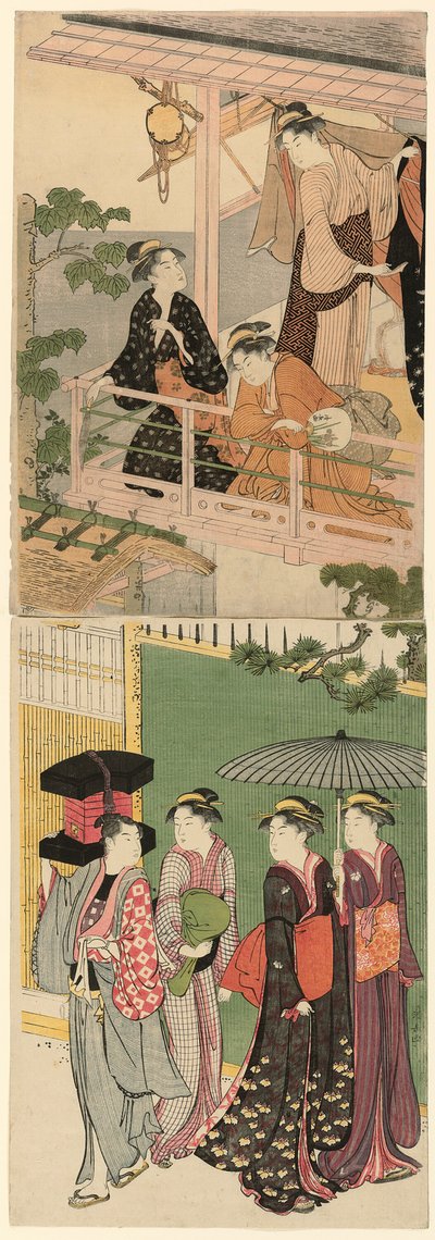 Un vendedor de abanicos pasando bajo un balcón de Torii Kiyonaga