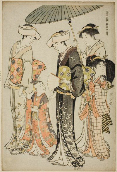 Una chica y cuatro sirvientes, de la serie "Un brocado de modales orientales (Fuzoku Azuma no nishiki)" de Torii Kiyonaga
