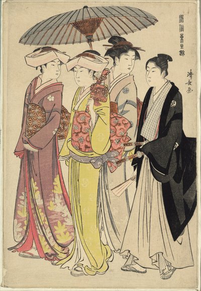 Una dama con tres sirvientes, de la serie "Un brocado de modales orientales (Fuzoku Azuma no nishiki)" de Torii Kiyonaga