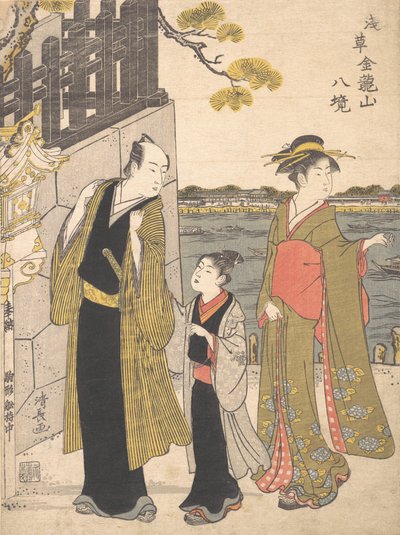 Un Hombre con un Niño y una Geisha Visitando el Templo Kinryusan, ca. 1787 de Torii Kiyonaga