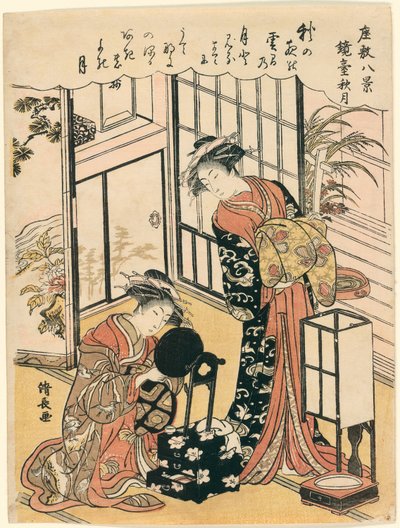 Un espejo en un soporte sugiriendo la luna otoñal (Kyodai no shugetsu), de la serie "Ocho escenas del salón (Zashiki hakkei)" de Torii Kiyonaga