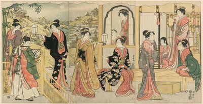 Una versión moderna de Ushiwakamaru serenateando a la princesa Joruri de Torii Kiyonaga