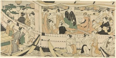 Fiesta de actores en barco por el río Sumida de Torii Kiyonaga