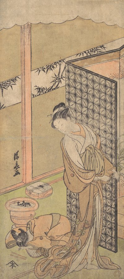 Una Oiran en Atuendo Nocturno, pausando, con una Mano en la Pantalla que Rodea su Cama..., ca. 1770 de Torii Kiyonaga