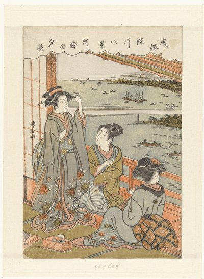 Lluvia vespertina en Susaki Susaki no sekisho (título sobre objeto) Ocho rostros de hábitos y costumbres en Fukagawa (título de la serie) Fuzoku Fukagawa hakkei (título de la serie sobre el objeto) de Torii Kiyonaga