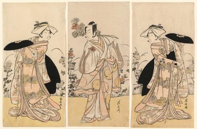 Bando Mitsugoro II como Tennen no Mansaku-kitsune e Ichikawa Monnosuke III como Nikaido Shinanonosuke e Iwai Hanshiro IV como Okura no Kojoro-kitsune en la escena del drama Moto Mishi Yuki Sakae Hachi-no-ki (Nidaime Bando Mitsugoro no Tennen no mansaku- de Torii Kiyonaga