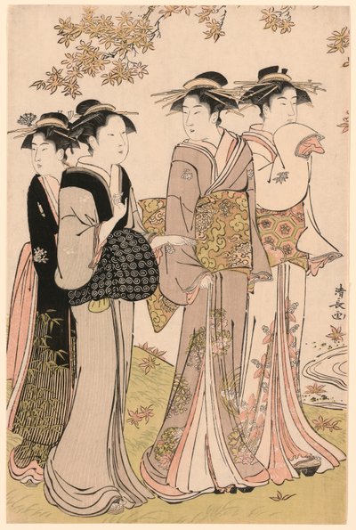 Bellezas bajo un arce, de la serie "Una colección de bellezas contemporáneas de los barrios de placer (Tosei yuri bijin awase)" de Torii Kiyonaga
