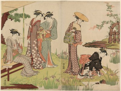 Junto a un estanque de lirios de Torii Kiyonaga