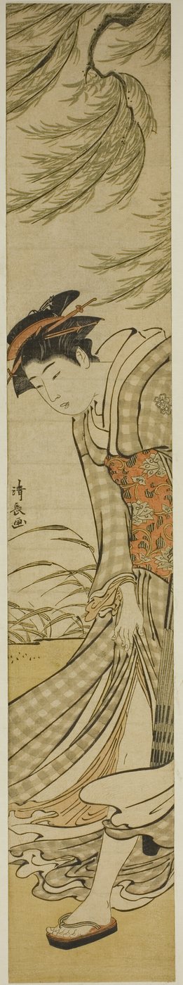 Cortesana caminando bajo un sauce en un día ventoso de Torii Kiyonaga