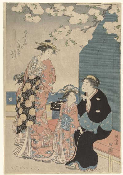 Cortesana con dos asistentes bajo cherryblossom de Torii Kiyonaga