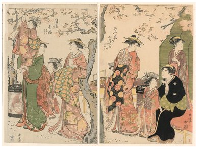 Cortesanas y sus asistentes infantiles bajo cerezos en flor de Torii Kiyonaga
