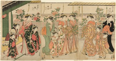 Cortesanas de Yoshiwara y sus asistentes viendo las peonías en Nakanocho de Torii Kiyonaga