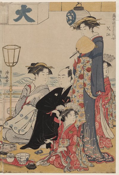 Entretenimiento en un balcón junto al agua en Nakasu, de la serie, Una colección de bellas mujeres modernas de los barrios de placer de Torii Kiyonaga
