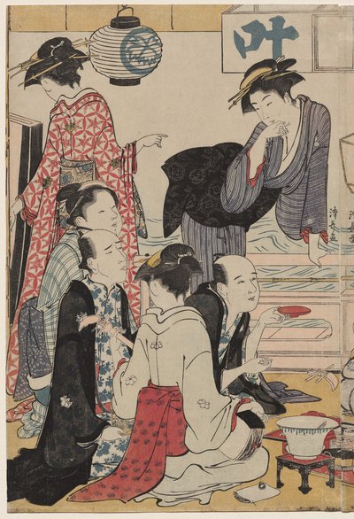 Entretenimiento en un Balcón junto al Agua en Nakasu, de la serie, Una Colección de Bellas Mujeres Modernas de los Barrios de Placer de Torii Kiyonaga