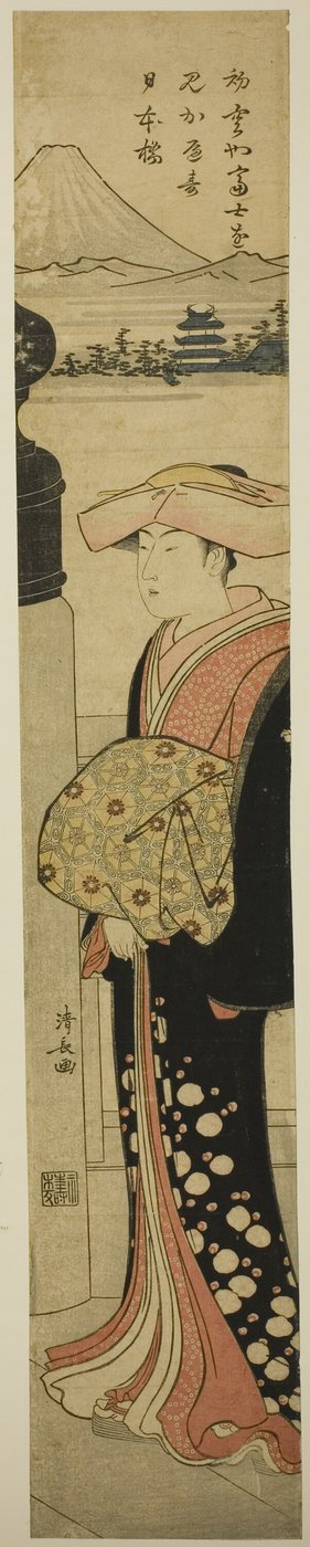 Mujer finamente vestida cruzando el puente Nihonbashi de Torii Kiyonaga