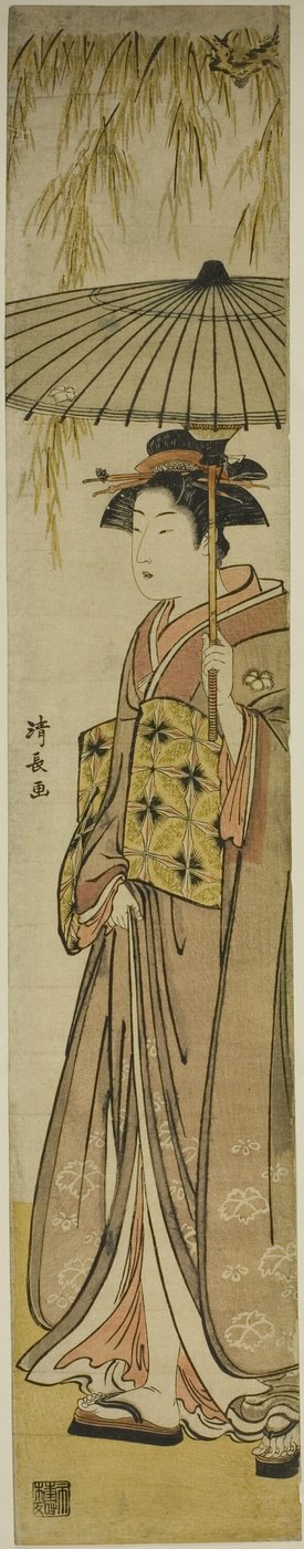 Geisha llevando una sombrilla bajo un sauce de Torii Kiyonaga