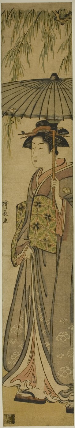 Geisha Llevando una Sombrilla bajo un Árbol de Sauce de Torii Kiyonaga
