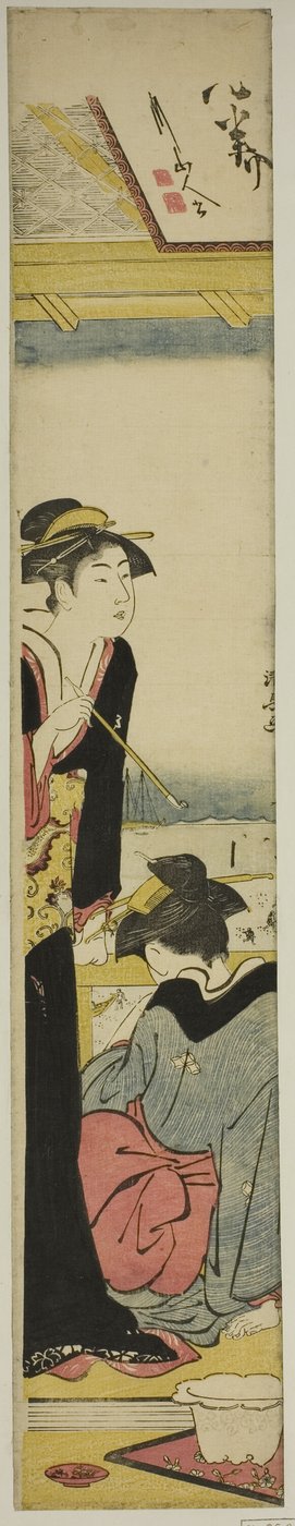 Geisha y Doncella en un Balcón con Vista a la Bahía de Torii Kiyonaga