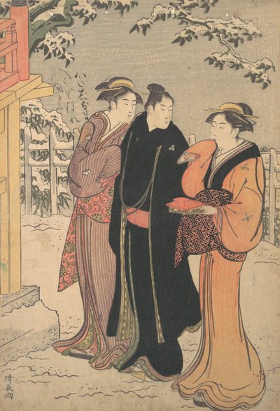 Hombre con un abrigo Haori negro y dos mujeres acercándose a un templo de Torii Kiyonaga