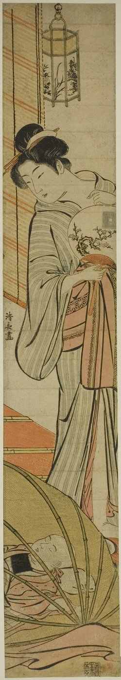 Madre viendo a su hijo dormir bajo una mosquitera de Torii Kiyonaga