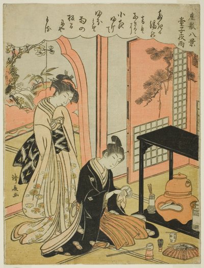 Lluvia nocturna en el puesto de té, de la serie "Ocho escenas del salón (Zashiki hakkei)" de Torii Kiyonaga