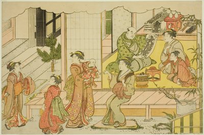 Abriendo el almacén (Kurabiraki), del libro ilustrado "Colores del triple amanecer (Saishiki mitsu no asa)" de Torii Kiyonaga