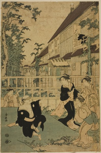 Diversiones al aire libre en la casa de té Kankanro en Yoshiwara de Torii Kiyonaga