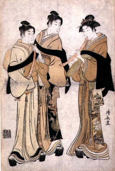 Tocando el Shakuhachi, c.1782 (grabado en madera con relieve ciego) de Torii Kiyonaga