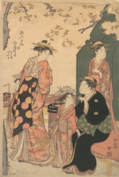Retrato de la cortesana Nioteru del Ogiya, con sus dos asistentes Namiji y Ao de Torii Kiyonaga