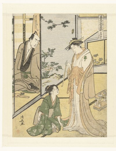 Escena en het Daifukuya huis Daifukuya no dan (título sobre objeto) Het toneelstuk Shiraishibanashi (título de la serie) Gotaiheiki Shiraishibanashi (título de la serie sobre el objeto) de Torii Kiyonaga