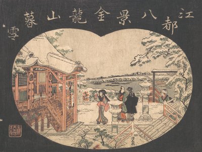 Escena de nieve con figuras fuera de un templo de Torii Kiyonaga