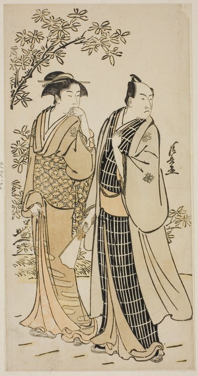 El actor Ichikawa Monnosuke II y su esposa, de una serie sin título de grabados que muestran actores en la vida privada de Torii Kiyonaga