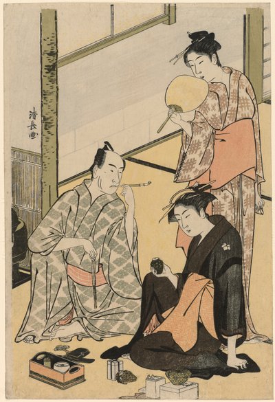 El actor Matsumoto Koshiro IV con su familia, de una serie sin título de cuatro grabados que muestran a actores en la vida privada de Torii Kiyonaga