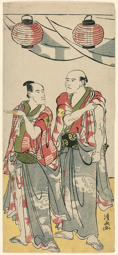 Los Actores Arashi Ryuzo II e Ichikawa Komazo III, de un pentaptych de once actores celebrando el festival del santuario de los hermanos Soga de Torii Kiyonaga