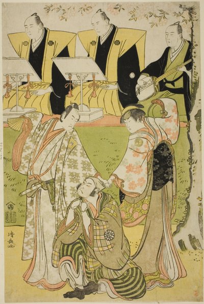 Los actores Ichikawa Monnosuke II como Munesada, Segawa Kikunojo III como la cortesana Sumizome, y Nakamura Nakazo I como Sekibei, en la obra "Tsumoru Koi Yuki no Seki no To," representada en el Teatro Kiri en el undécimo mes, 1784 de Torii Kiyonaga