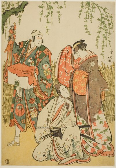 Los actores Ichikawa Yaozo III como Shiragiku, Ichikawa Danjuro V como el titiritero Dekurokubei, y Sawamura Sojuro III como Soga no Juro, en el joruri "Shinobukoi Yanagi no Katsura Otoko," representado en el Teatro Nakamura en el primer mes, 1785 de Torii Kiyonaga