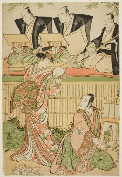 Los actores Matsumoto Koshiro IV como Ukita Sakingo y Sawamura Sojuro III como el fantasma de la cortesana Takao, en la obra "Ominaeshi Sugata no Hatsuaki," representada en el Teatro Nakamura, 1788 de Torii Kiyonaga