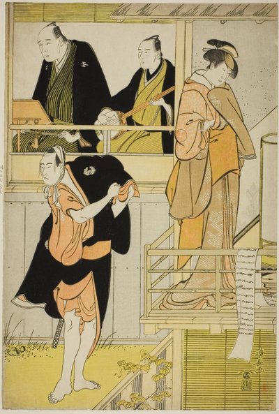 Los actores Nakamura Riko I como Tanbaya Otsuma e Ichikawa Yaozo III como Furuteya Hachirobei, en el joruri "Sakamachi Yoi no Yotsutsuji," representado en el Teatro Nakamura en el tercer mes, 1785 de Torii Kiyonaga