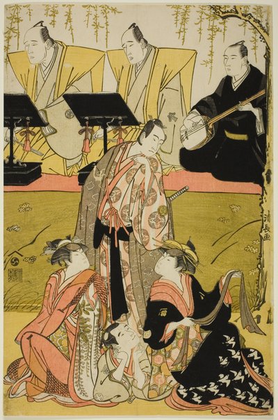 Los actores Sawamura Sojuro III como Soga no Juro, Osagawa Tsuneyo II como Oiso no Tora, Azuma Tozo III como Miura Katagai, y Otani Tokuji I como Danzaburo, en el joruri "Chidorigake Koi no Tamaboko," interpretado en el Teatro Ichimura en el primer mes, 17 de Torii Kiyonaga