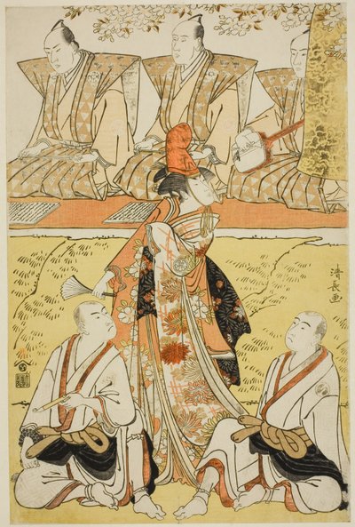 Los actores Segawa Kikunojo III como Koito, Sawamura Sojuro III como el monje Sainenbo, e Ichikawa Monnosuke II como el monje Renseibo, en el shosa "Mata Saku Hana Museume Dojoji," presentado en el Teatro Nakamura en el cuarto mes, 1783 de Torii Kiyonaga
