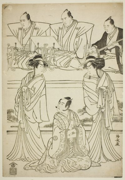 Los actores Segawa Kikunojo III como el fantasma de Yatsuhashi, Sawamura Sojuro III como Soga no Juro, e Ichikawa Danjuro V como el fantasma de Seigen, en la obra "Sono Omokage Matsu ni Sakura," representada en el Teatro Nakamura en el primer mes, 1783 de Torii Kiyonaga
