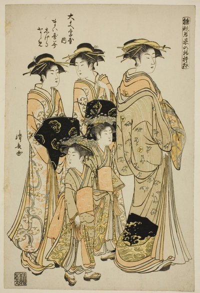 La cortesana Maizumi del Daimonjiya con sus asistentes Shigeki y Naname, de la serie "Modelos para la moda: Nuevos diseños tan frescos como hojas jóvenes (Hinagata wakana no hatsu moyo)" de Torii Kiyonaga
