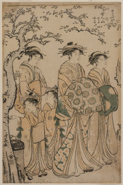 La Cortesana Senzan de Chojiya Paseando con su Kamuro Yasono y Yasoji y Dos Shinzo de Torii Kiyonaga