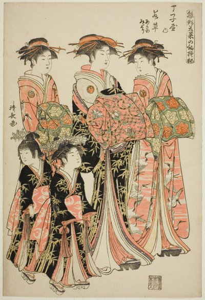 La Cortesana Wakakusa del Chojiya con Sus Asistentes Asano y Midori, de la serie "Modelos para la Moda: Nuevos Diseños Tan Frescos como Hojas Jóvenes (Hinagata wakana no hatsu moyo)" de Torii Kiyonaga
