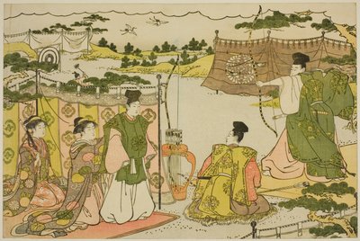 La primera práctica de tiro con arco del año nuevo, del libro ilustrado "Colores del triple amanecer" de Torii Kiyonaga