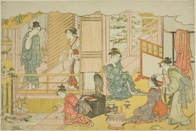El primer baño del año nuevo, del libro ilustrado "Colores del triple amanecer" de Torii Kiyonaga